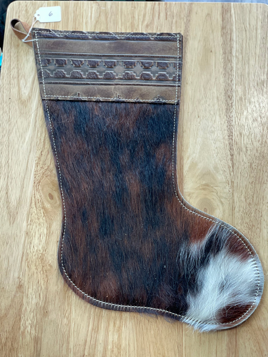 Showman ® Brown and White Cowhide Christmas Stocking - Tooled Cuff main image 0