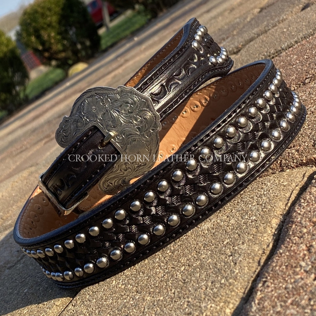 Leather Custom Tooled Dark Leather Belt