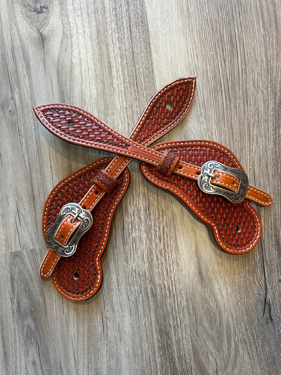 Basket weave spur straps with bronze Crooked Horn Leather Company