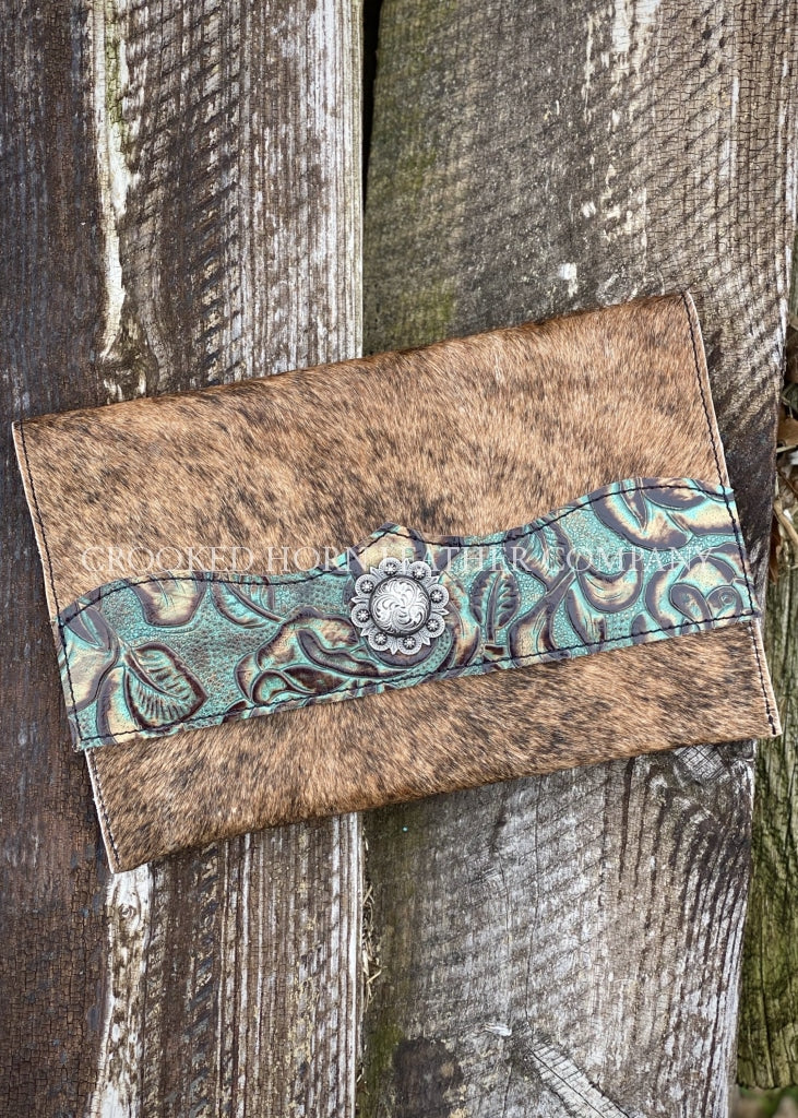 Brindle Cowhide Clutch With Turquoise Floral Trim Embossed