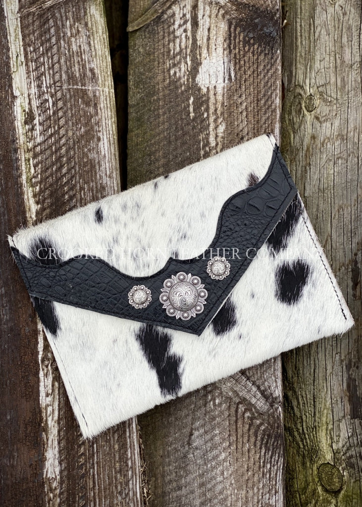 Cowhide And Leather Envelope Clutch With Black Croc Embossed Trim