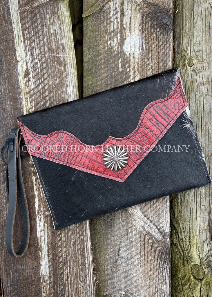 Cowhide And Leather Envelope Clutch With Red Croc Embossed Trim