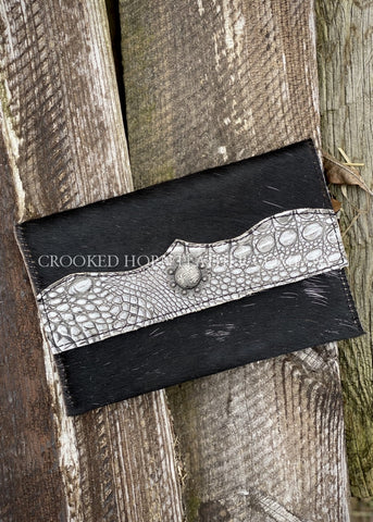 Cowhide Clutch With Silver Croc Trim Embossed