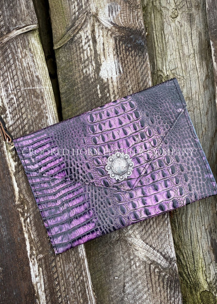 Leather Envelope Clutch In Amethyst Croc With Wristlet Strap Large