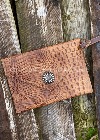 Leather Envelope Clutch In Honey Croc With Wristlet Strap Large