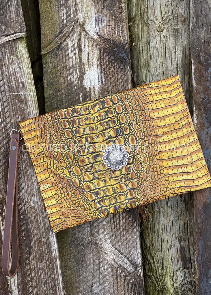 Leather Envelope Clutch In Mustard Croc With Wristlet Strap Large