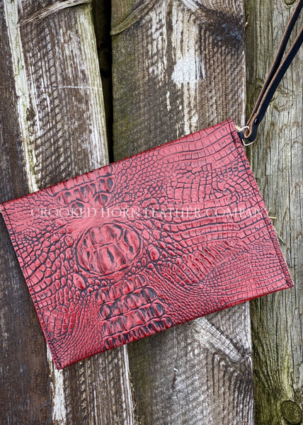 Leather Envelope Clutch In Red Croc With Wristlet Strap Large