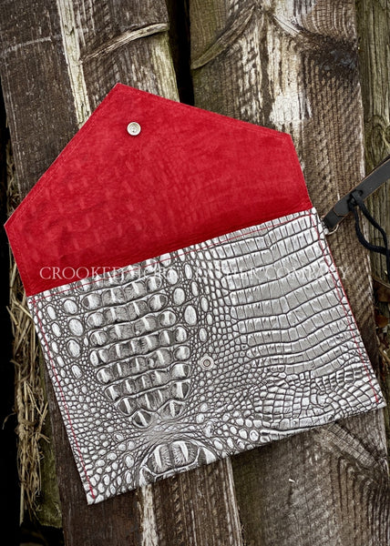 Leather Envelope Clutch In Silver Croc With Wristlet Strap Large