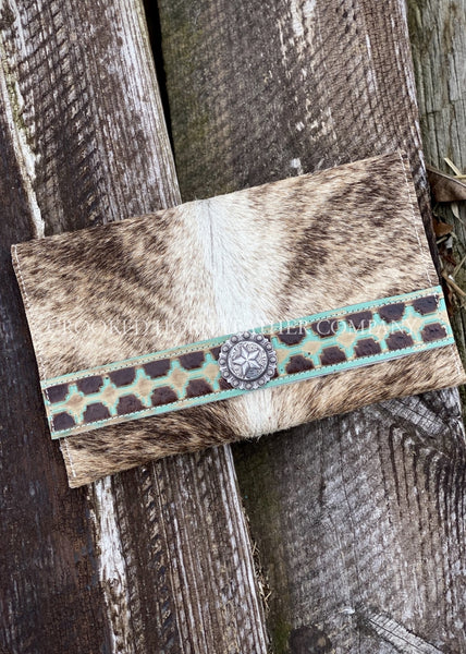 Light Brindle Cowhide Clutch With Aztec Trim Embossed