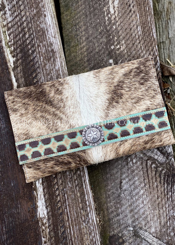 Light Brindle Cowhide Clutch With Aztec Trim Embossed