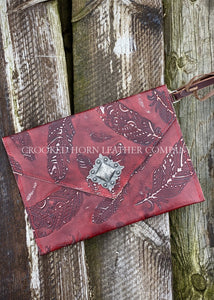Red Feathers Leather Envelope Clutch With Wristlet Strap Large